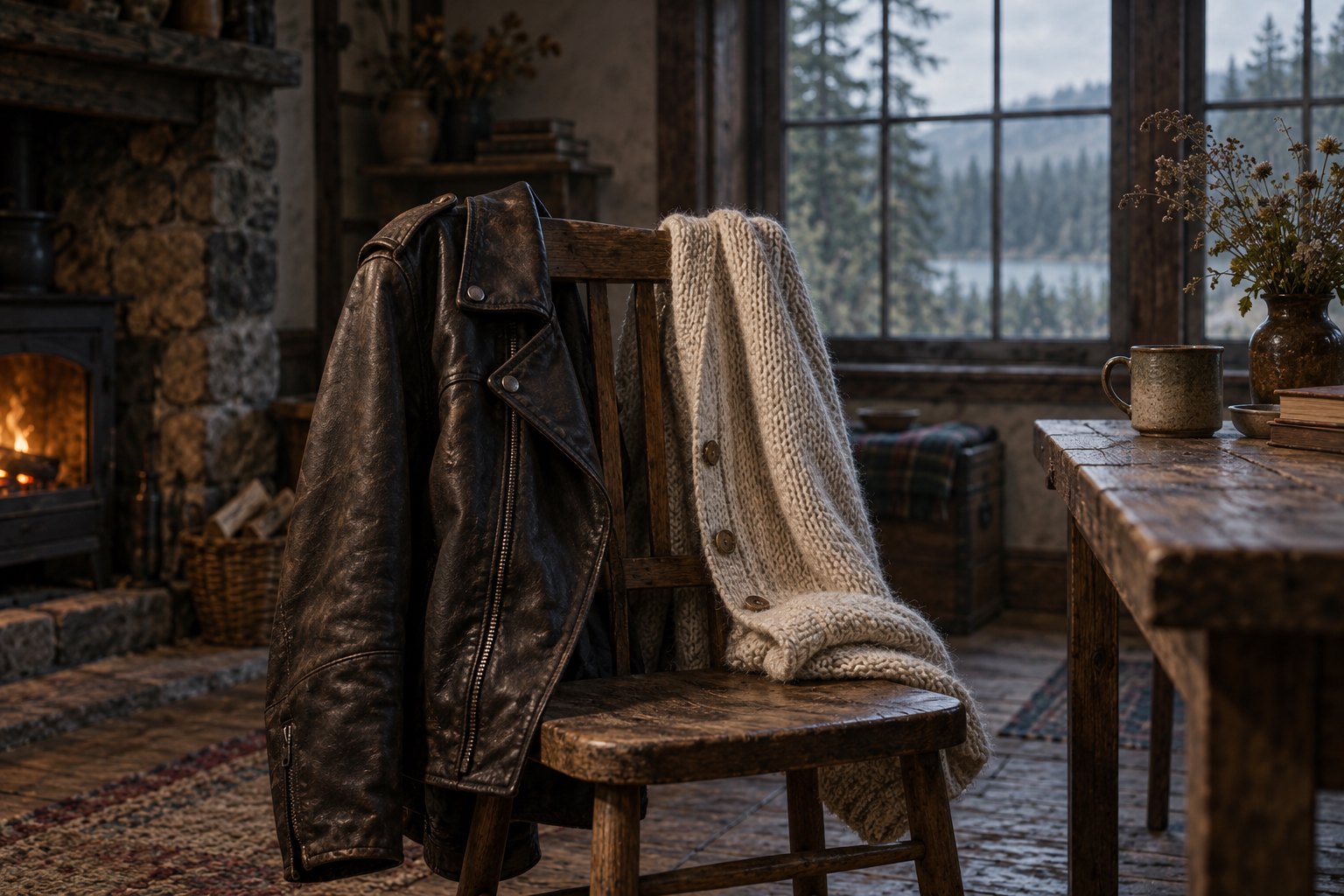 Concept illustration of a dark leather jacket and cream cardigan draped over a wooden chair in a rustic cottage.