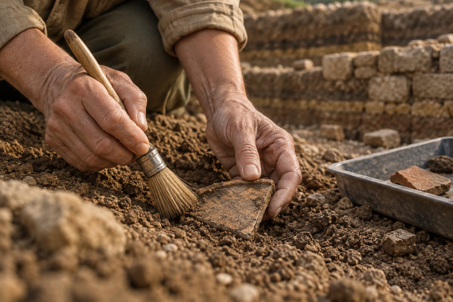 Conceptual illustration of weathered hands brushing soil from a pottery fragment at an archaeological excavation.