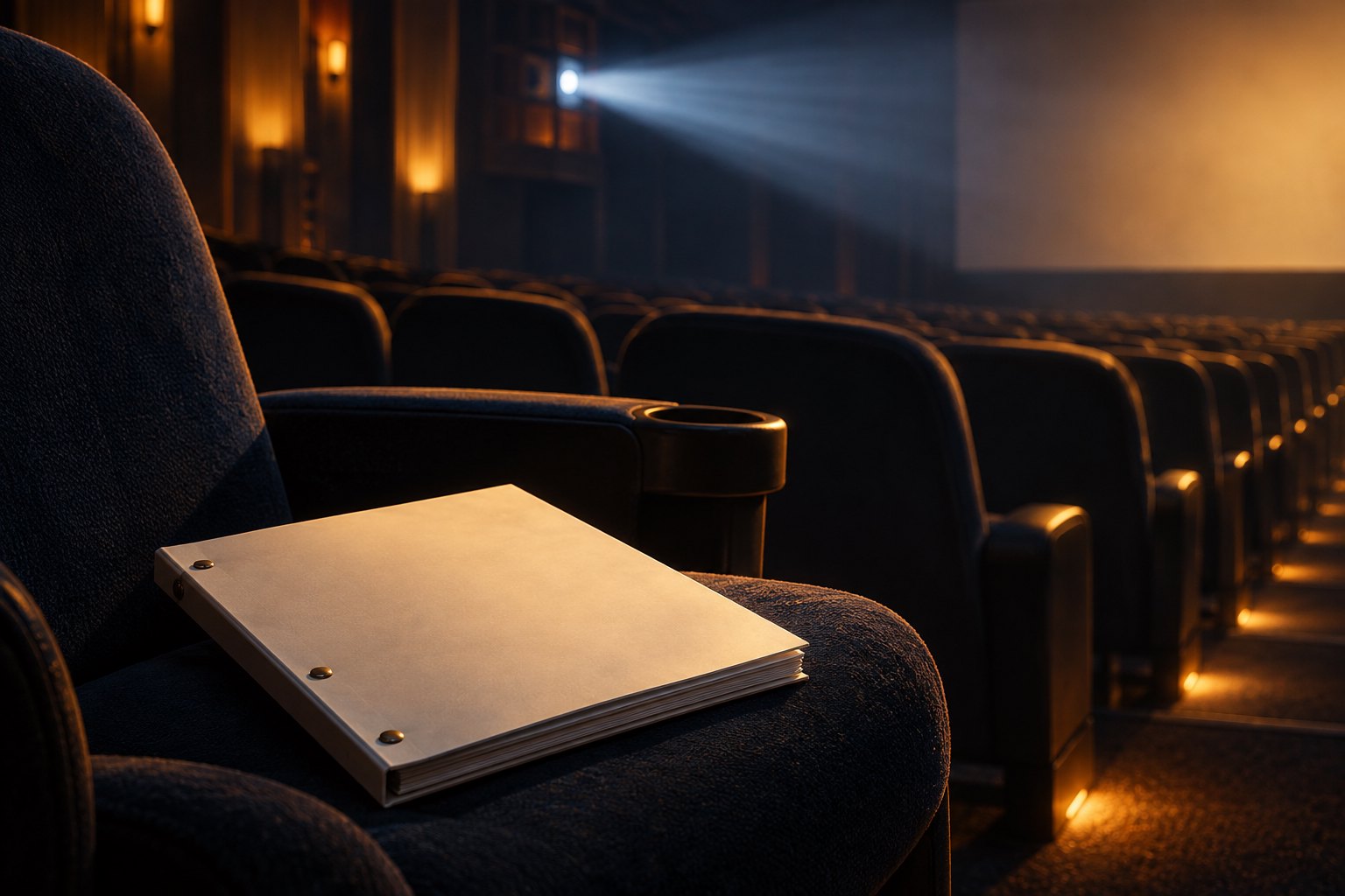 Conceptual illustration of an unmarked screenplay binder on a cinema seat beneath a projector beam.