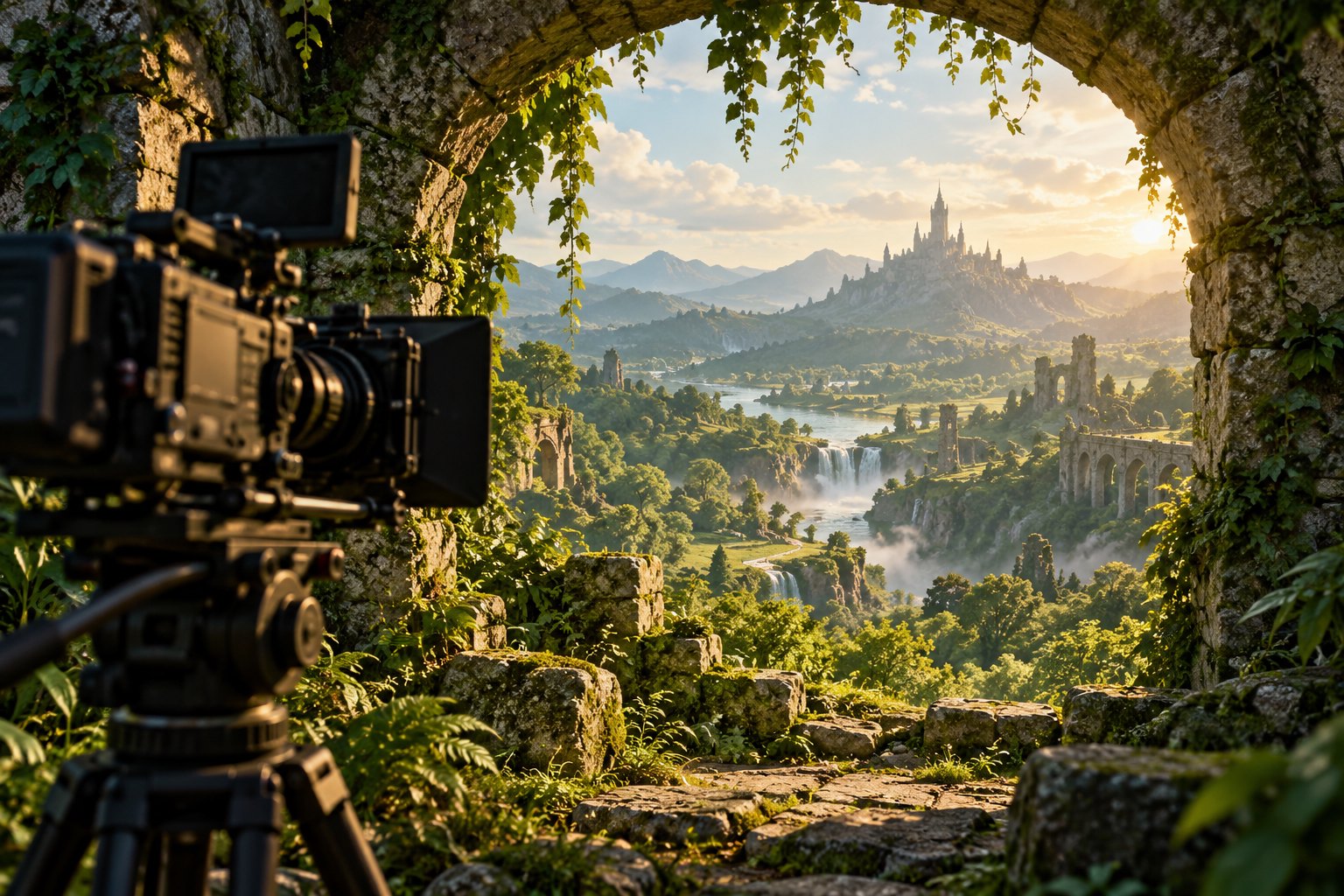 Conceptual illustration of a cinema camera beneath a mossy stone arch overlooking a sunlit fantasy valley and distant castle.