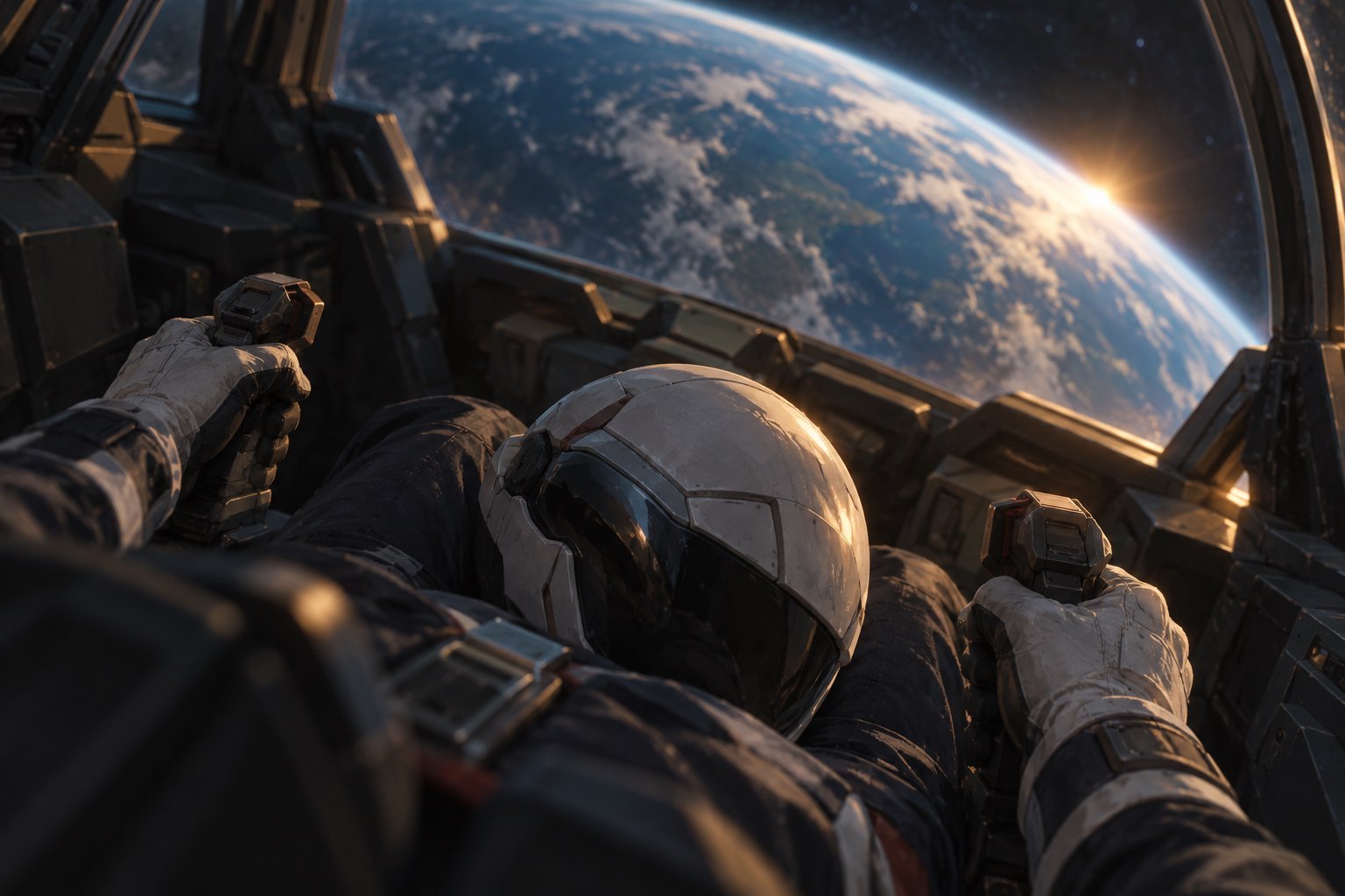 Concept illustration of an anonymous pilot holding cockpit controls with a helmet in their lap and Earth beyond the canopy.