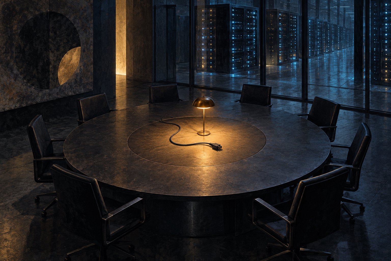 Conceptual illustration of an empty circular conference table with an amber lamp and loose cable beside a glass-walled server room.