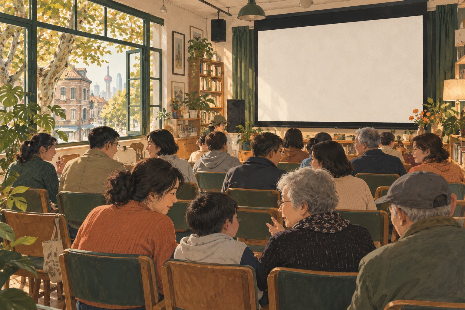 社区观影主题插画：居民坐在银幕前交流，窗外梧桐树映着暖光，非活动实景