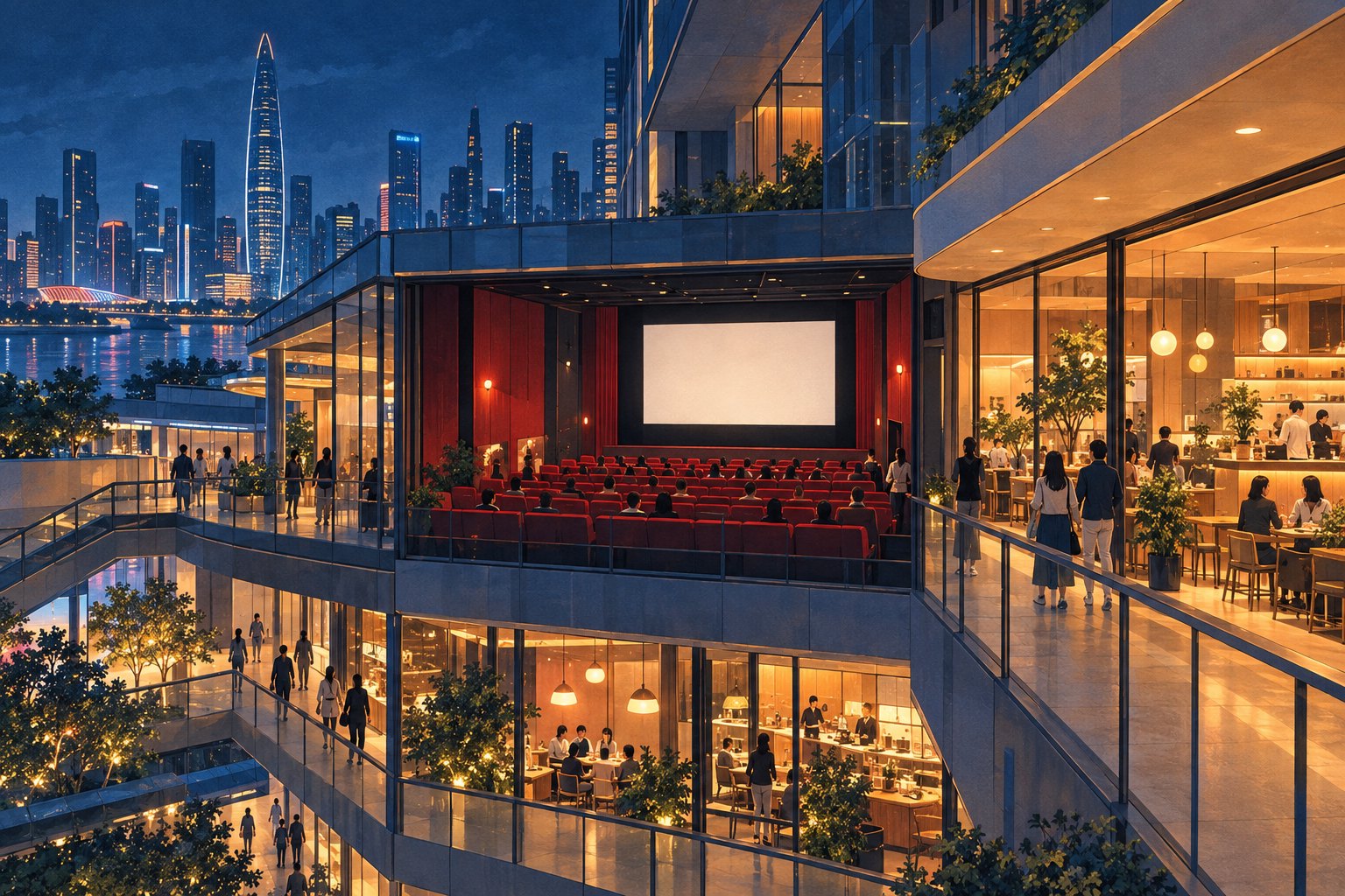 城市夜色中,影院与餐饮空间通过步行连廊相接的概念插画