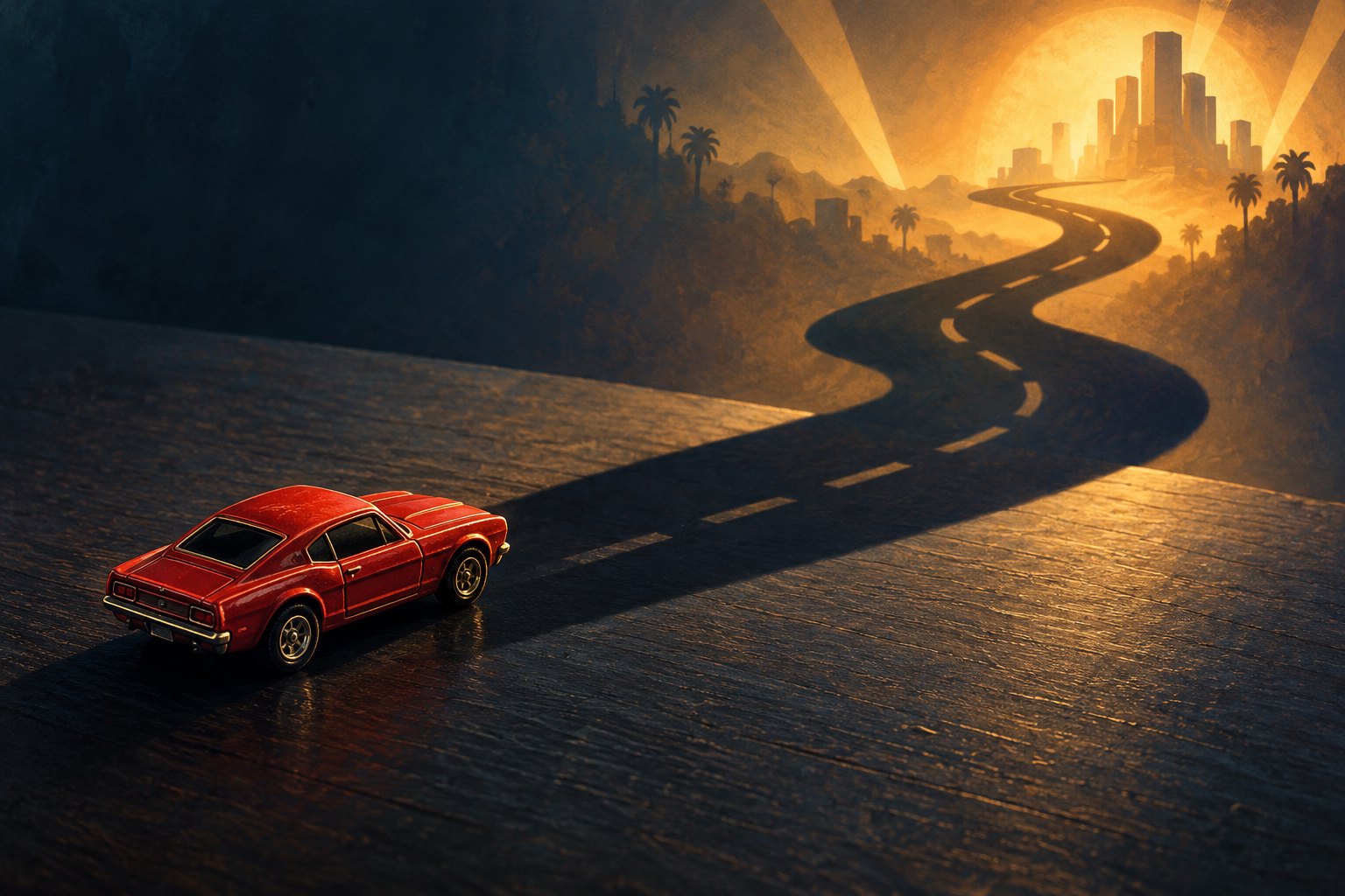 Conceptual illustration of a red toy car casting a shadow that becomes a winding road toward a golden city.