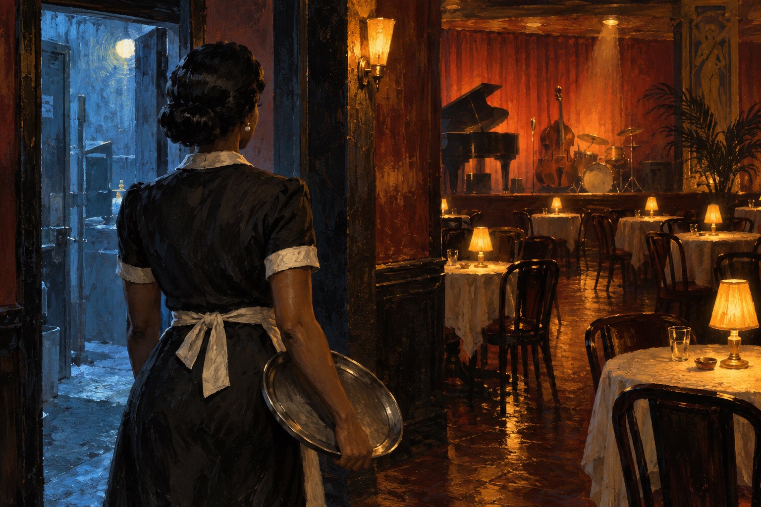 Conceptual illustration of a waitress holding a tray beside a blue-lit doorway in an amber-lit nightclub.
