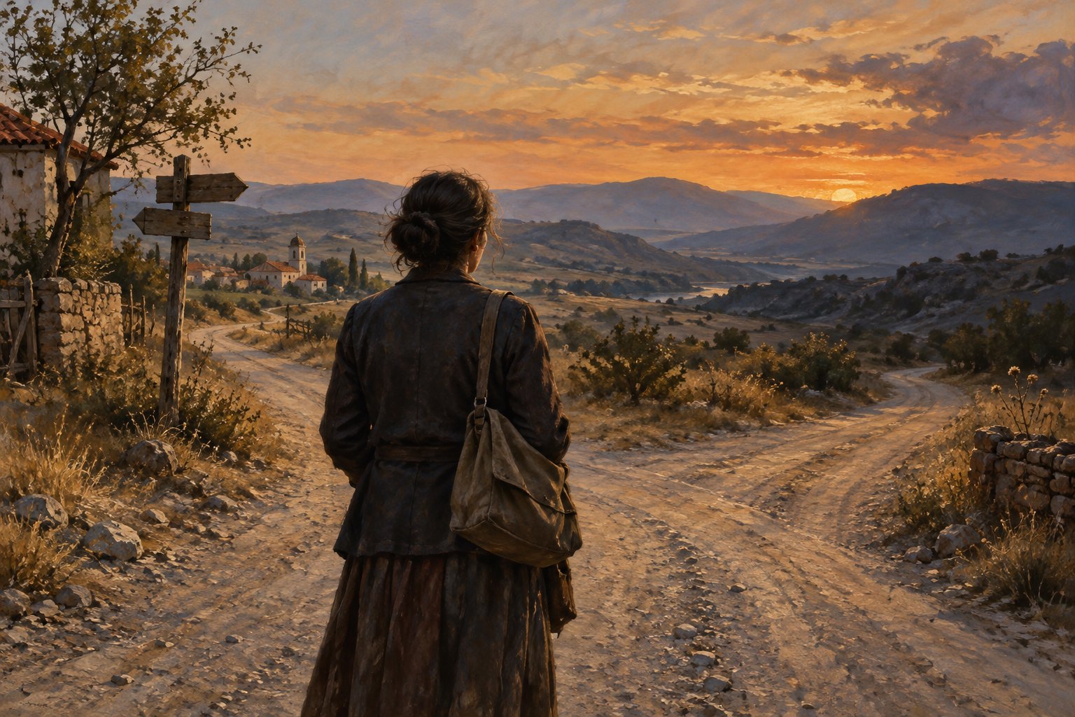 Painterly illustration of a woman standing at a rural crossroads overlooking a village at sunset.