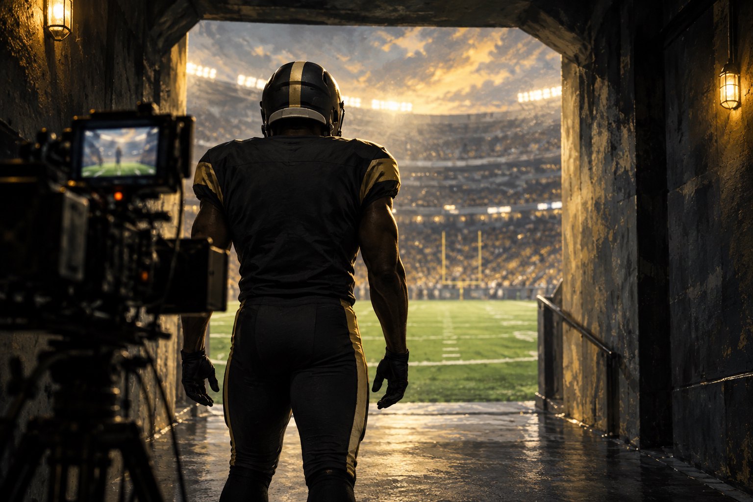 Conceptual illustration of an anonymous football player beside a cinema camera in a stadium tunnel overlooking a sunlit field.