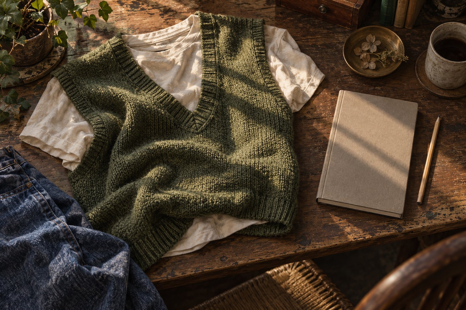 Concept illustration of a green knit vest, ivory T-shirt, denim, and a closed notebook arranged on a wooden desk.