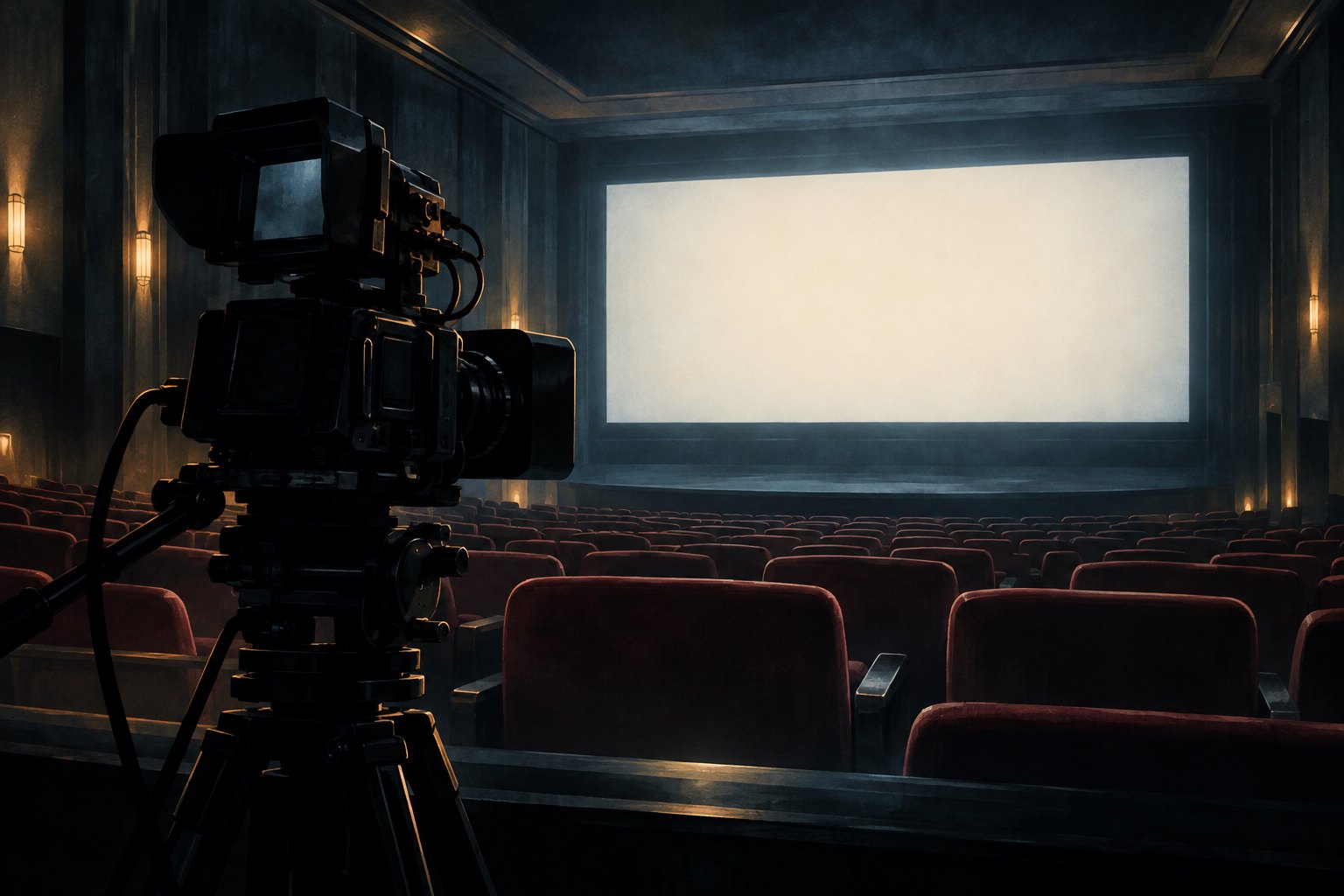 Conceptual illustration of a broadcast camera facing a blank illuminated screen in an empty movie theater.