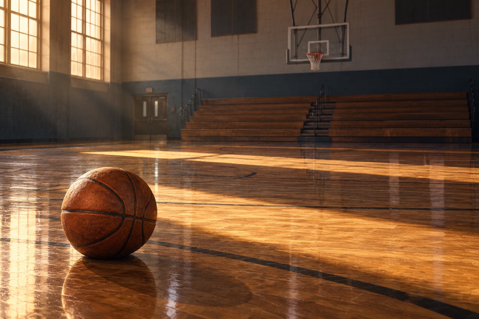 An orange basketball rests on an empty wooden gym floor illuminated by warm afternoon light.