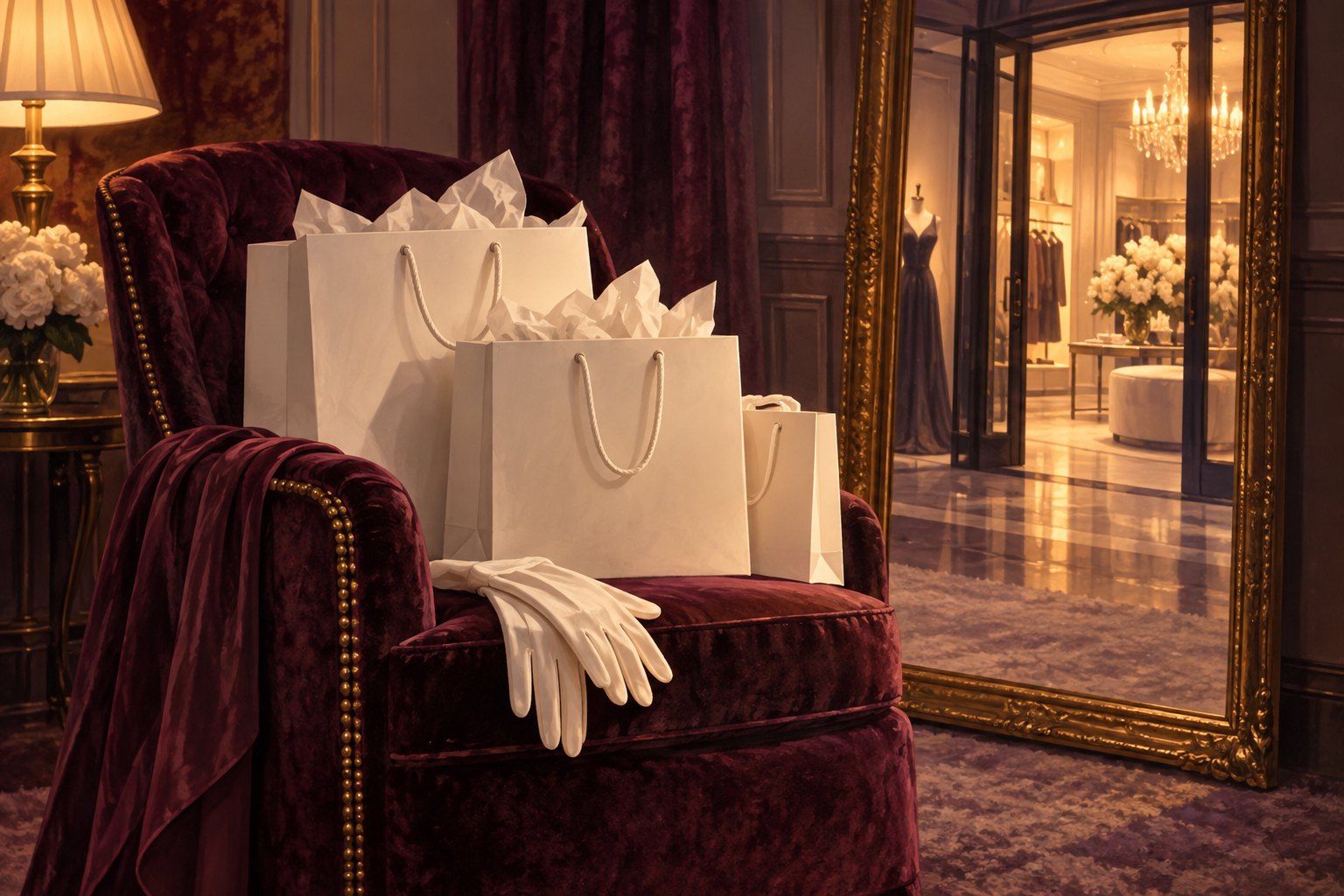 Conceptual illustration of cream shopping bags and white gloves on a burgundy chair beside a mirror reflecting a boutique entrance.