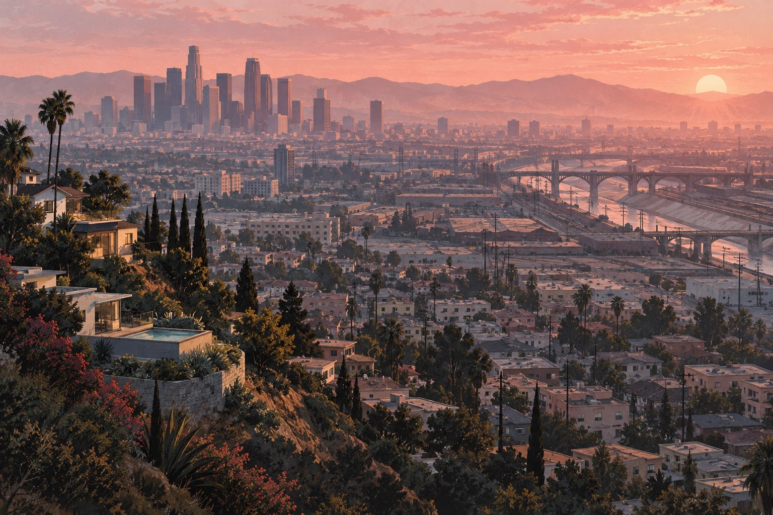 Editorial illustration of Los Angeles hillside homes overlooking dense neighborhoods, industrial buildings, and a concrete river channel.