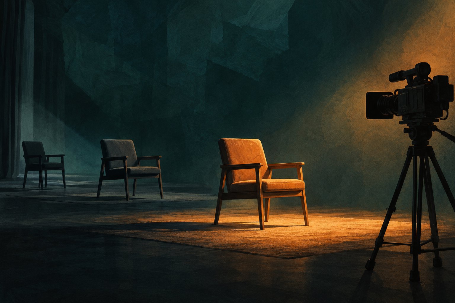 Conceptual illustration of three empty interview chairs facing a movie camera, with one chair illuminated in amber light.