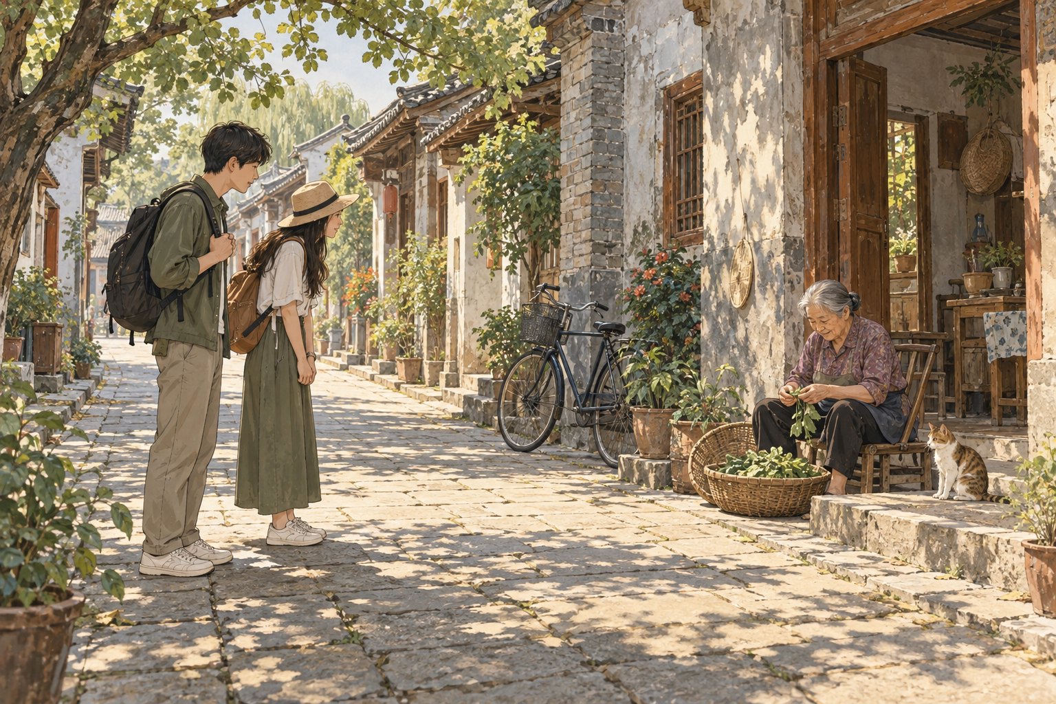 旅行者在老街观察居民日常,树影、自行车与家门构成生活街景的概念插画