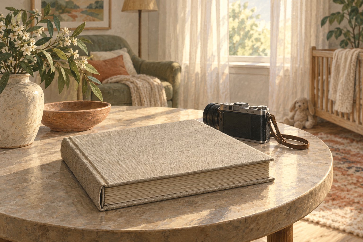 Illustration of a closed linen photo album and a camera on a round table in a softly lit room.