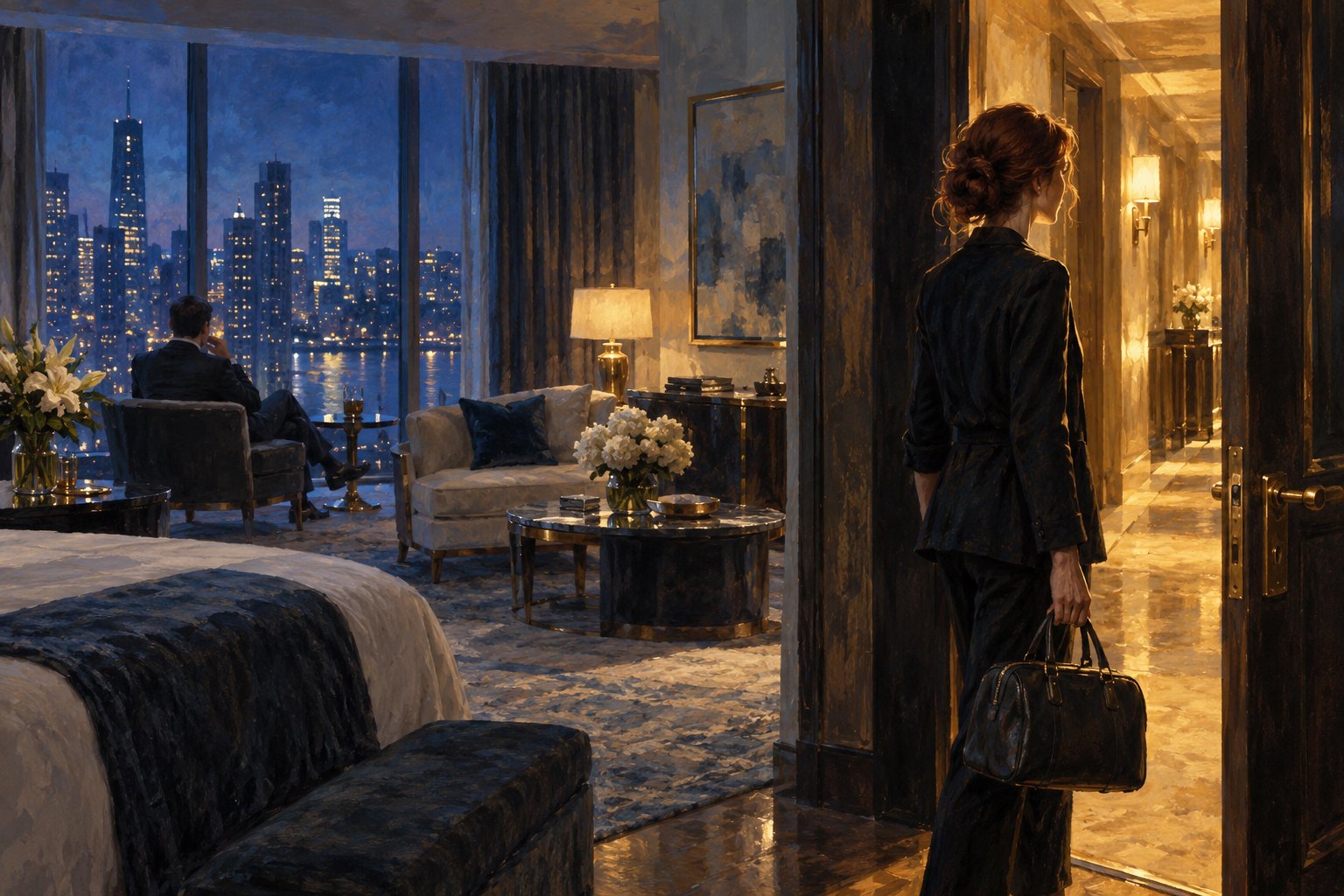 Conceptual illustration of a woman holding a travel bag at a hotel suite doorway while a suited man sits beside distant windows.