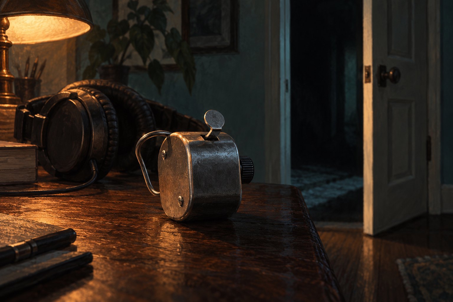 Conceptual illustration of a mechanical tally counter and headphones on a lamplit desk beside an open doorway.