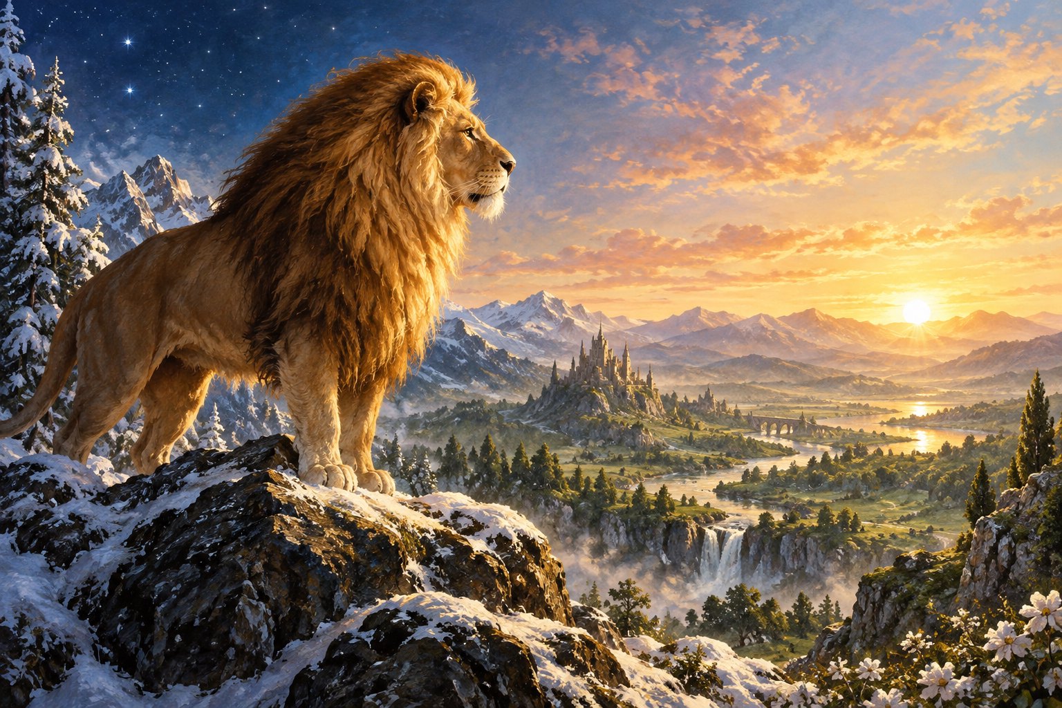 A golden-maned lion overlooks a mountain valley at sunrise in a symbolic fantasy illustration.