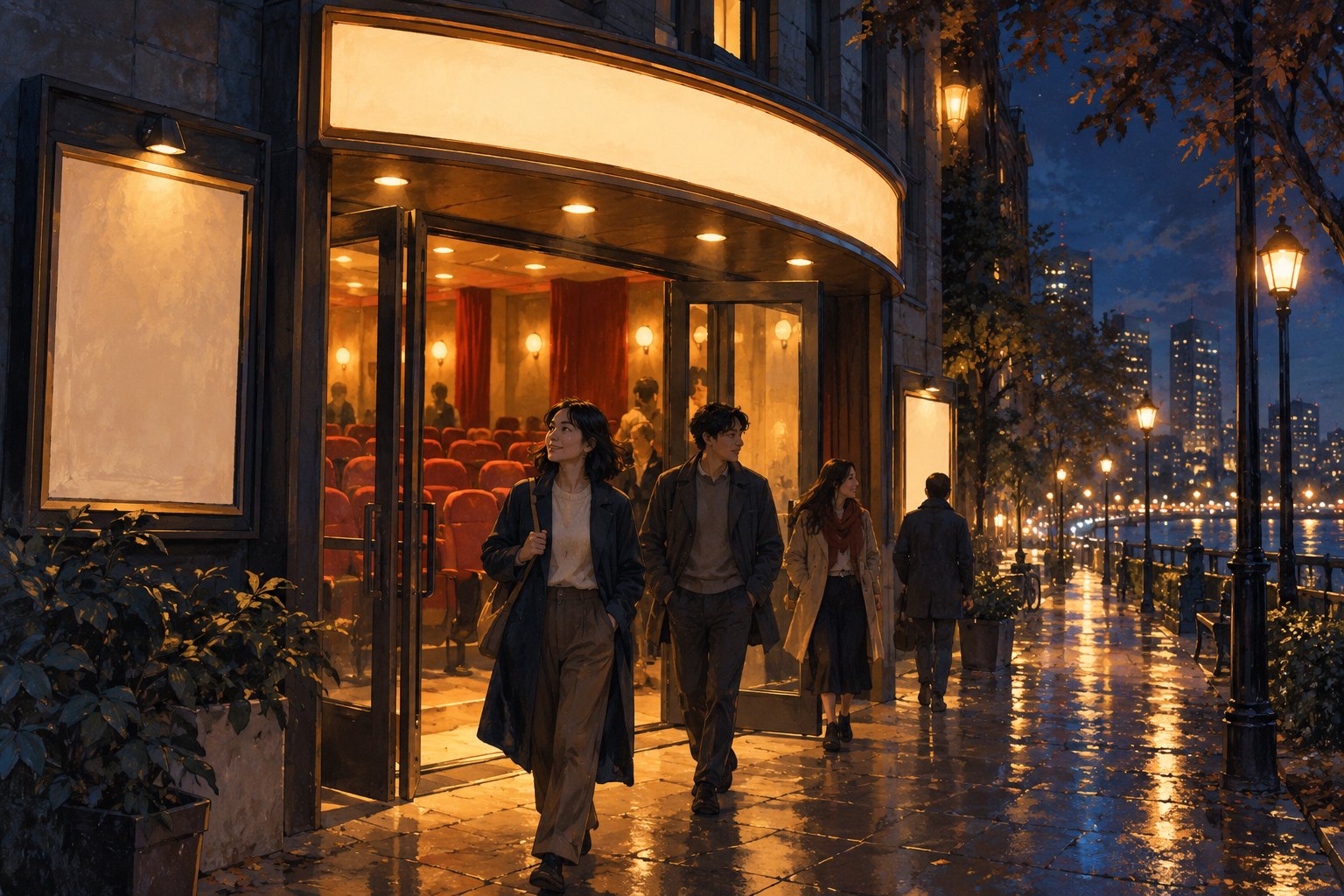 夜色中,观众走出亮着暖光的电影院,街道灯光向远处延伸的原创插画