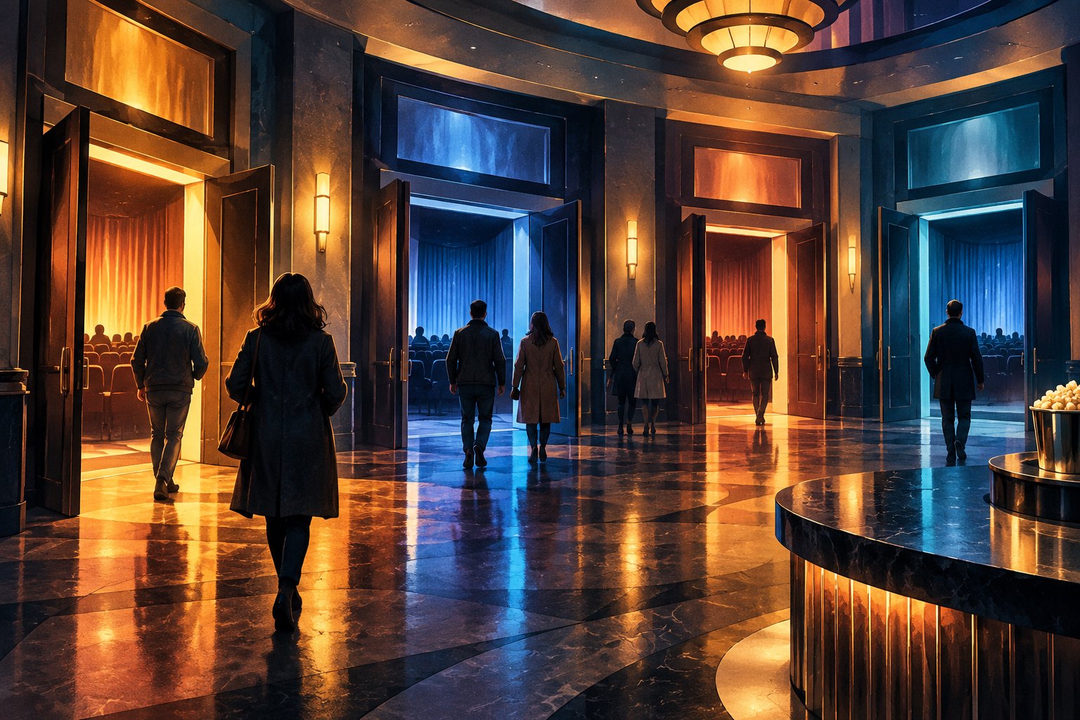 Editorial illustration of moviegoers entering different auditoriums through a multiplex lobby lit in amber and blue.