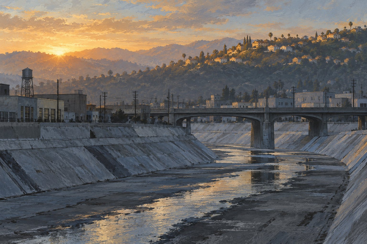 Conceptual illustration of a concrete Los Angeles river channel beneath a bridge, with industrial buildings and sunlit hillside homes beyond.