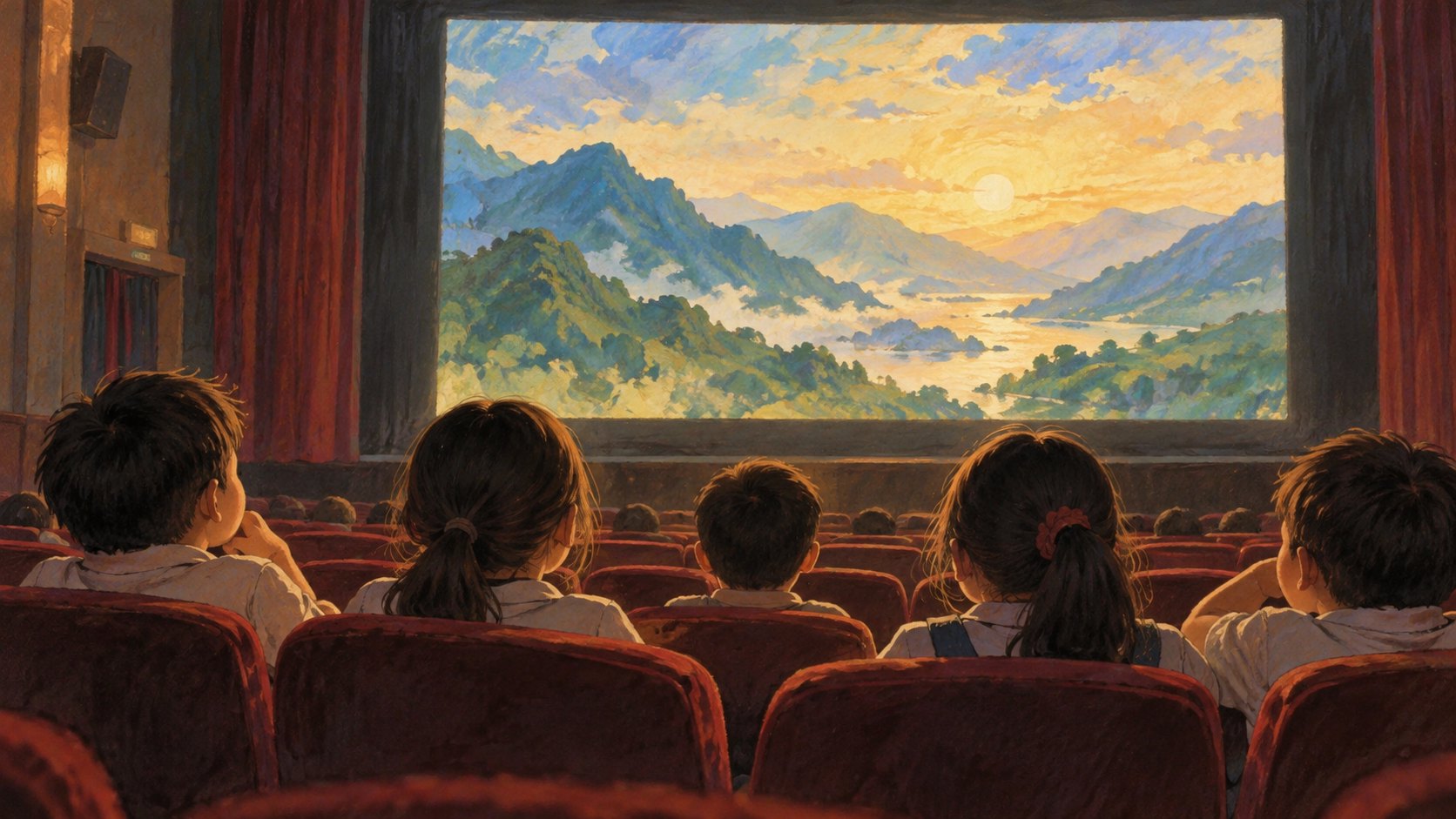 孩子們坐在影廳欣賞銀幕上的山景,呈現共享觀影時光的情境插畫,非活動現場。