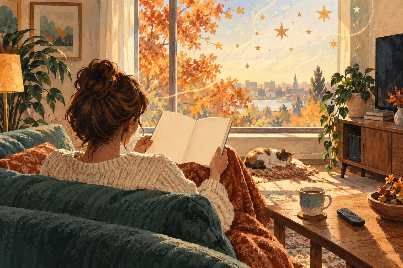 A reader holds an open blank booklet in an autumn living room, with coffee and a remote nearby and decorative stars across the window.