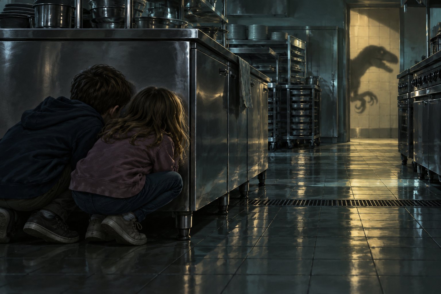 Conceptual illustration of two children sheltering behind a steel kitchen cabinet as a dinosaur shadow appears in a distant doorway.