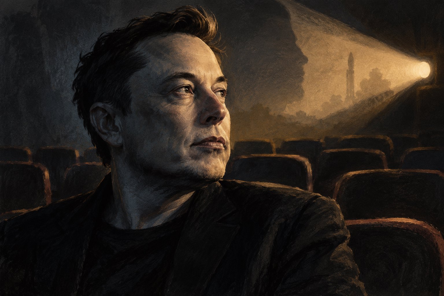 Painterly portrait of Elon Musk in a dark movie theater, with warm projector light and cool shadows across his face.
