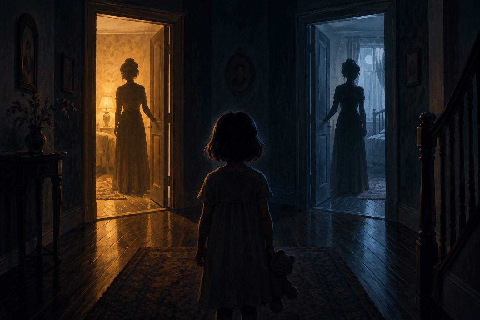 Concept illustration of a child facing two female silhouettes in doorways lit with contrasting warm and cool light.