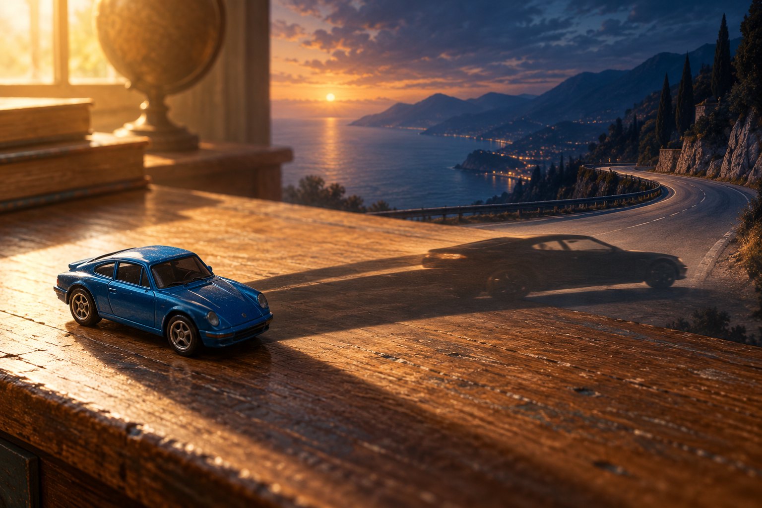 Conceptual illustration of a blue toy car casting a full-sized car’s shadow toward a winding road.