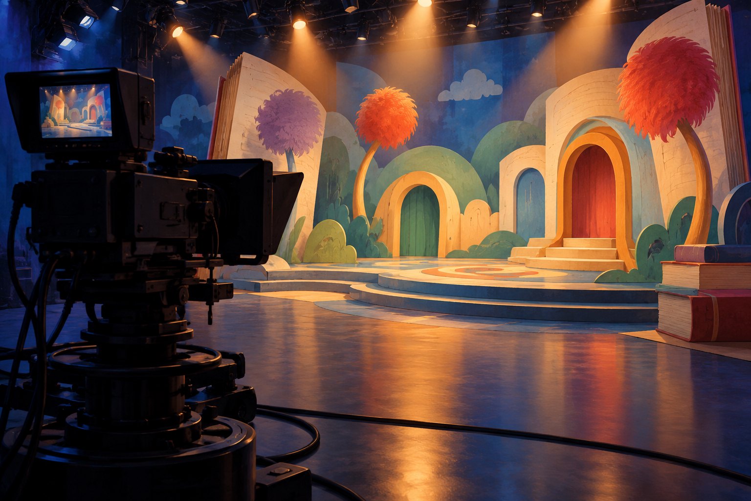 Conceptual illustration of a television camera facing an empty, colorful storybook stage under warm spotlights.