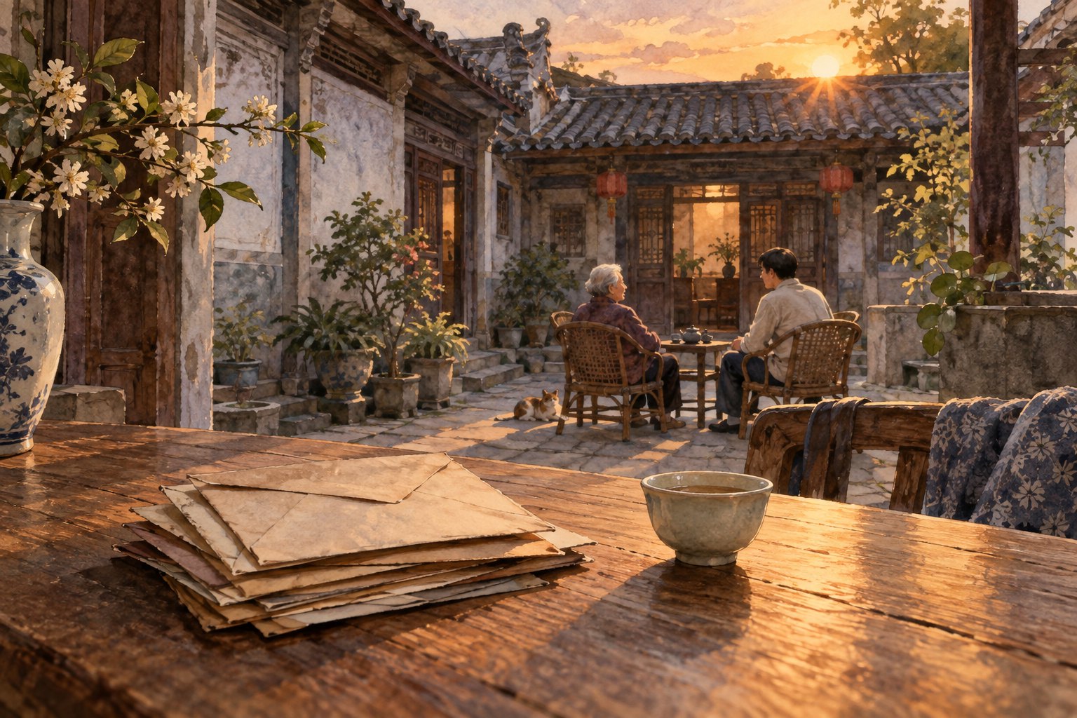 家书主题插画:夕阳中的传统民居庭院里,老人和年轻人相对而坐,前景摆着旧信封与茶杯
