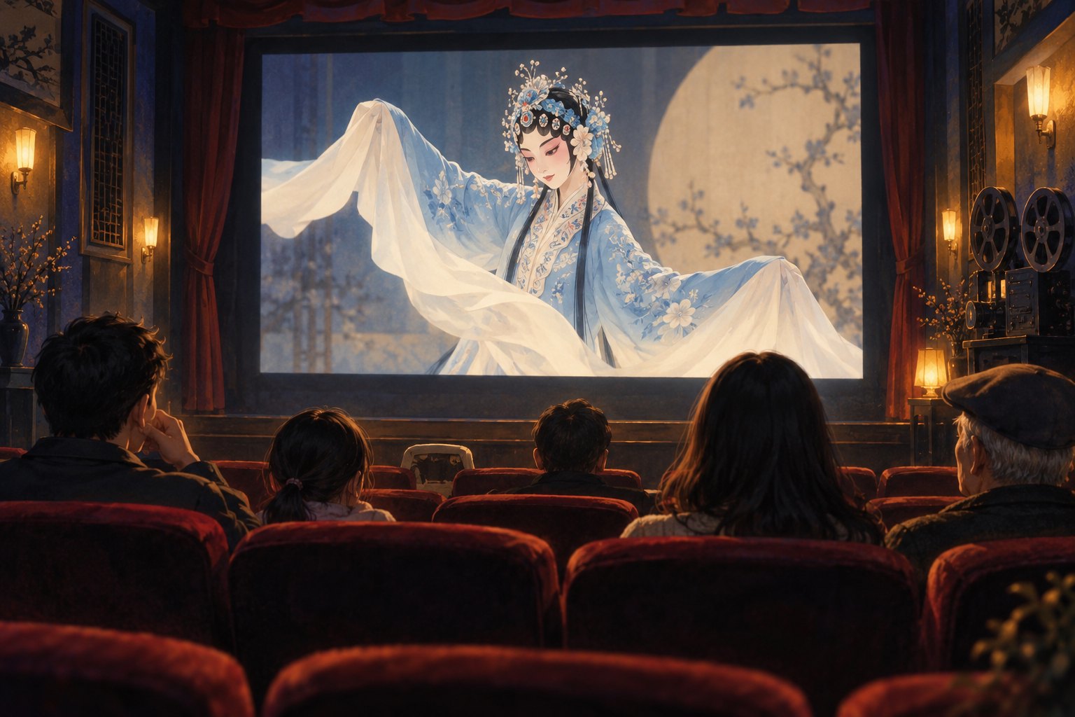 不同年龄的观众在影院观看银幕上的水袖表演,戏曲电影主题插画