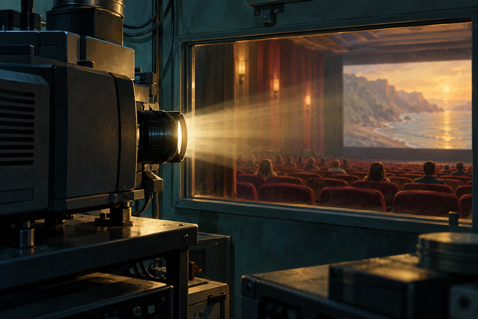 Editorial illustration of a cinema projector casting light toward a landscape on a screen beyond rows of burgundy seats.