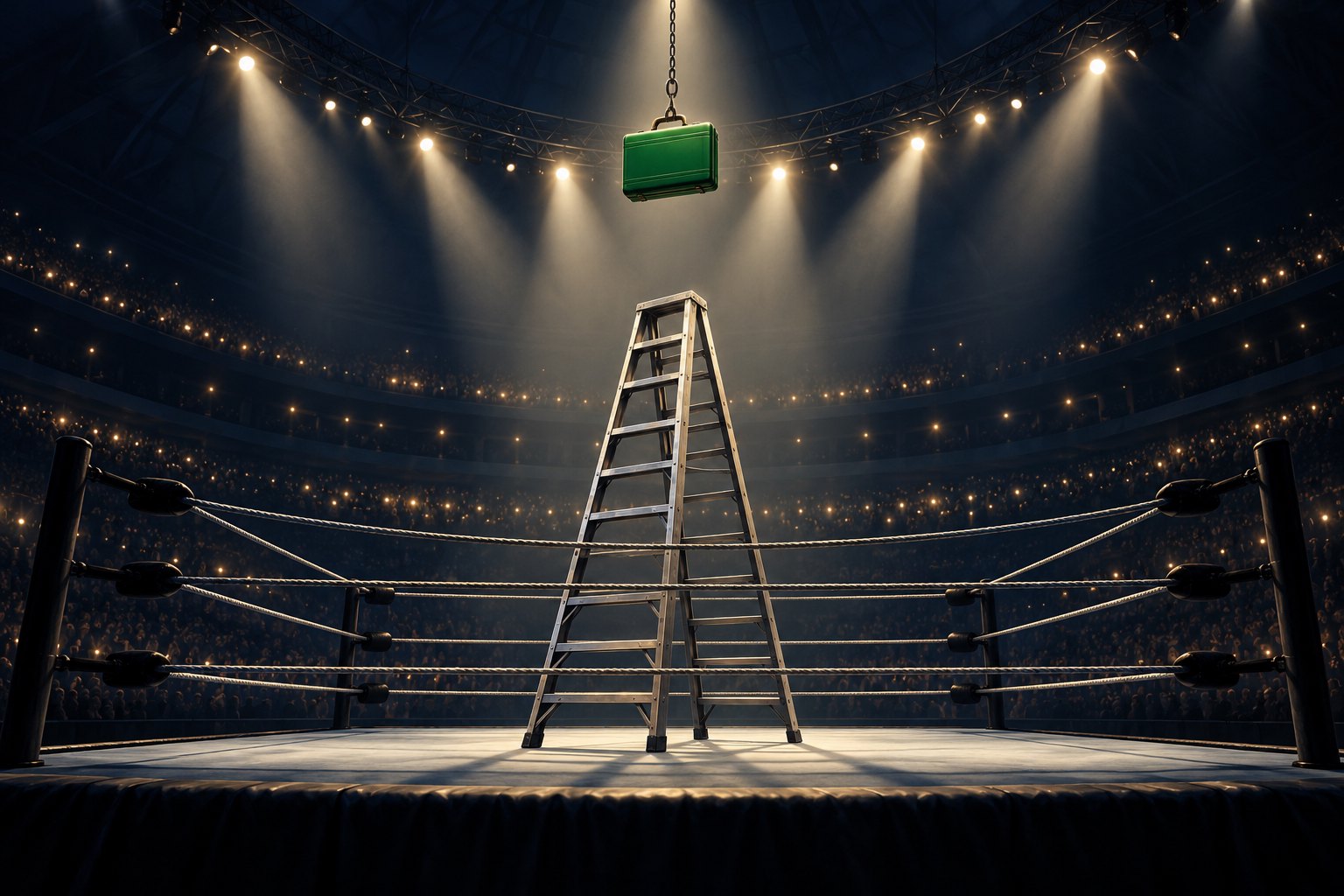 Symbolic illustration of a steel ladder beneath a suspended green briefcase in a spotlit wrestling ring.
