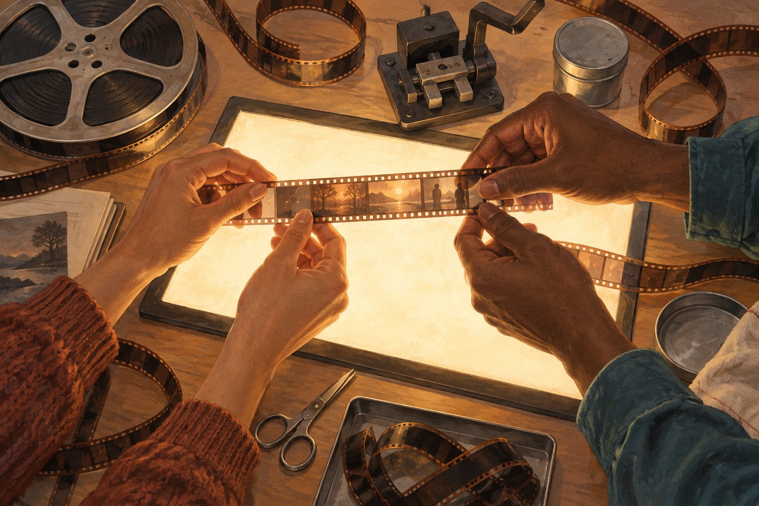Conceptual illustration of two people examining a film strip over a glowing light table surrounded by editing tools.
