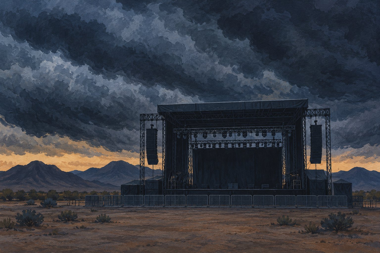 Conceptual illustration of an empty outdoor concert stage beneath storm clouds against a desert mountain horizon.