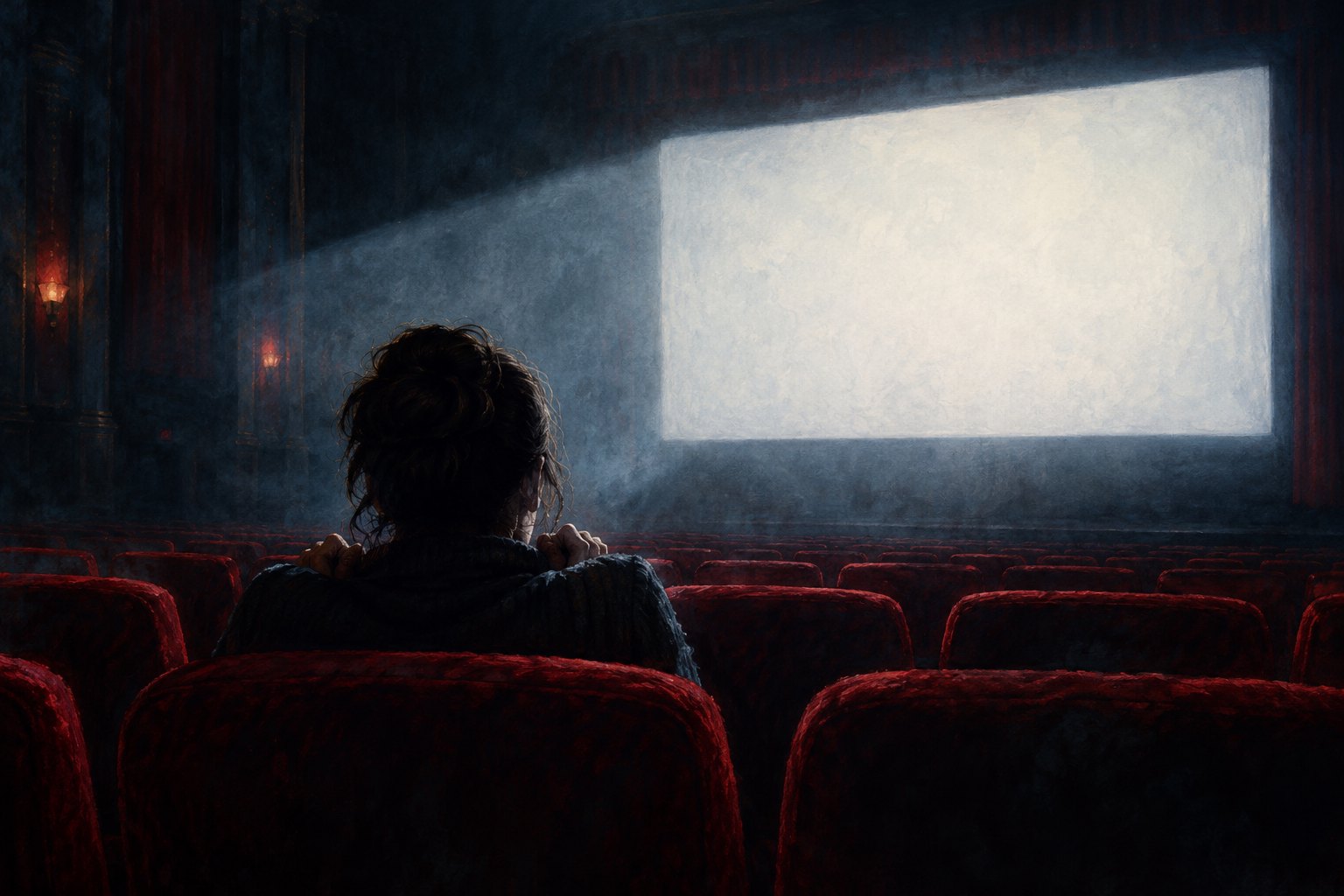 Conceptual illustration of a lone moviegoer facing a bright screen in a dark theater with red seats.