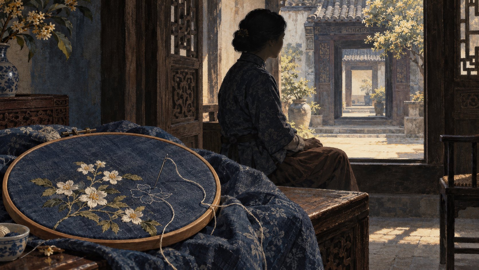 刺繡繃框旁的女子靜坐木窗邊，望向層層院門，以概念插畫呈現深宅中的選擇與寂寞