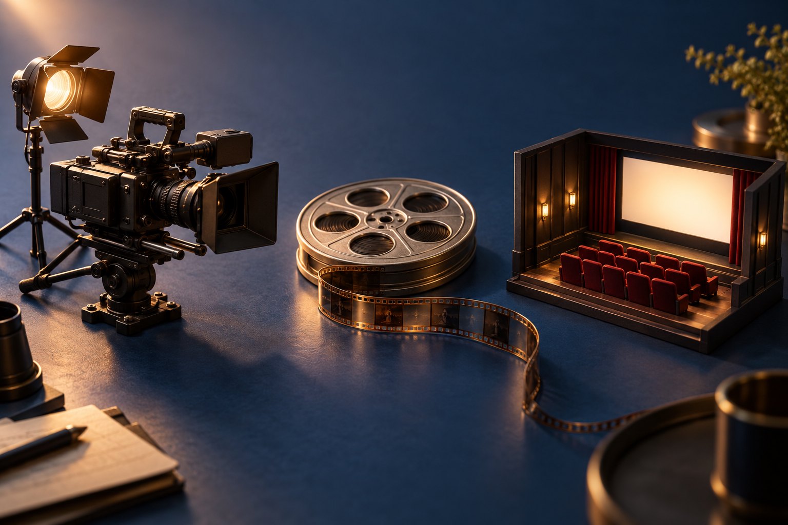 摄影机、胶片盘与迷你影厅模型并列,呈现电影从创作到放映的不同环节