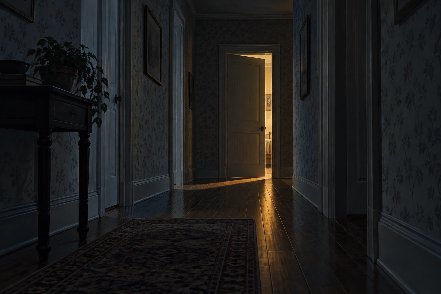 Conceptual horror illustration of an empty hallway with warm light spilling through a partially open door.