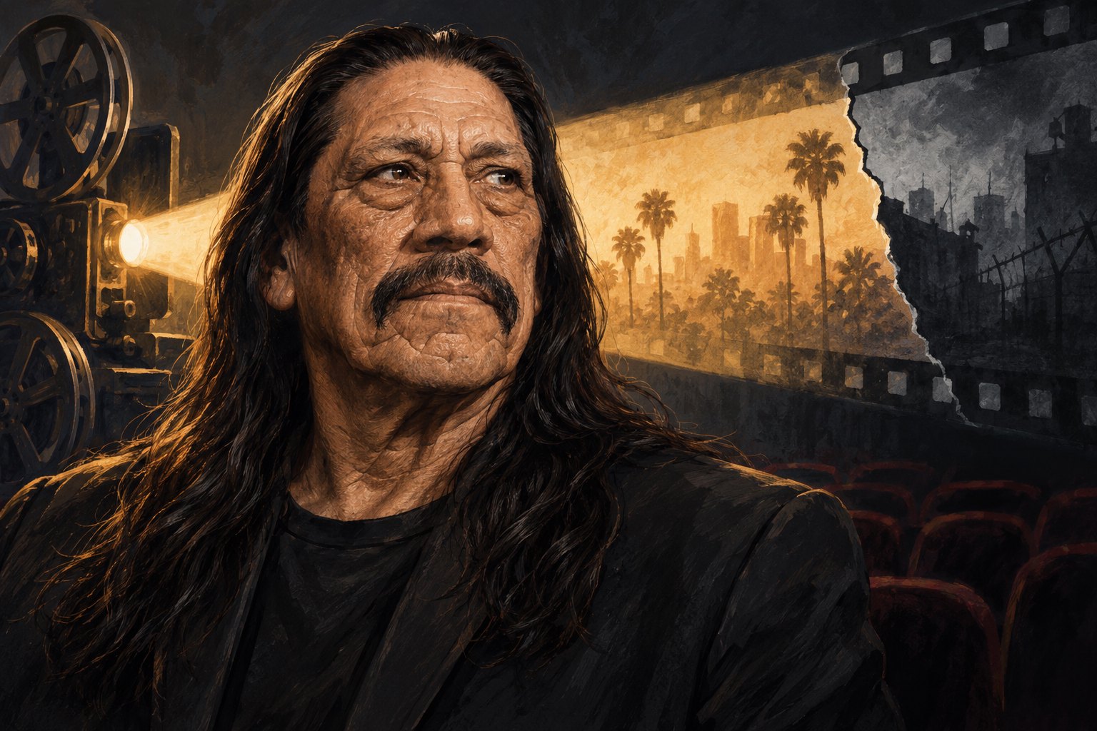 Painterly editorial portrait of Danny Trejo against a dark cinema background with an amber projector beam.