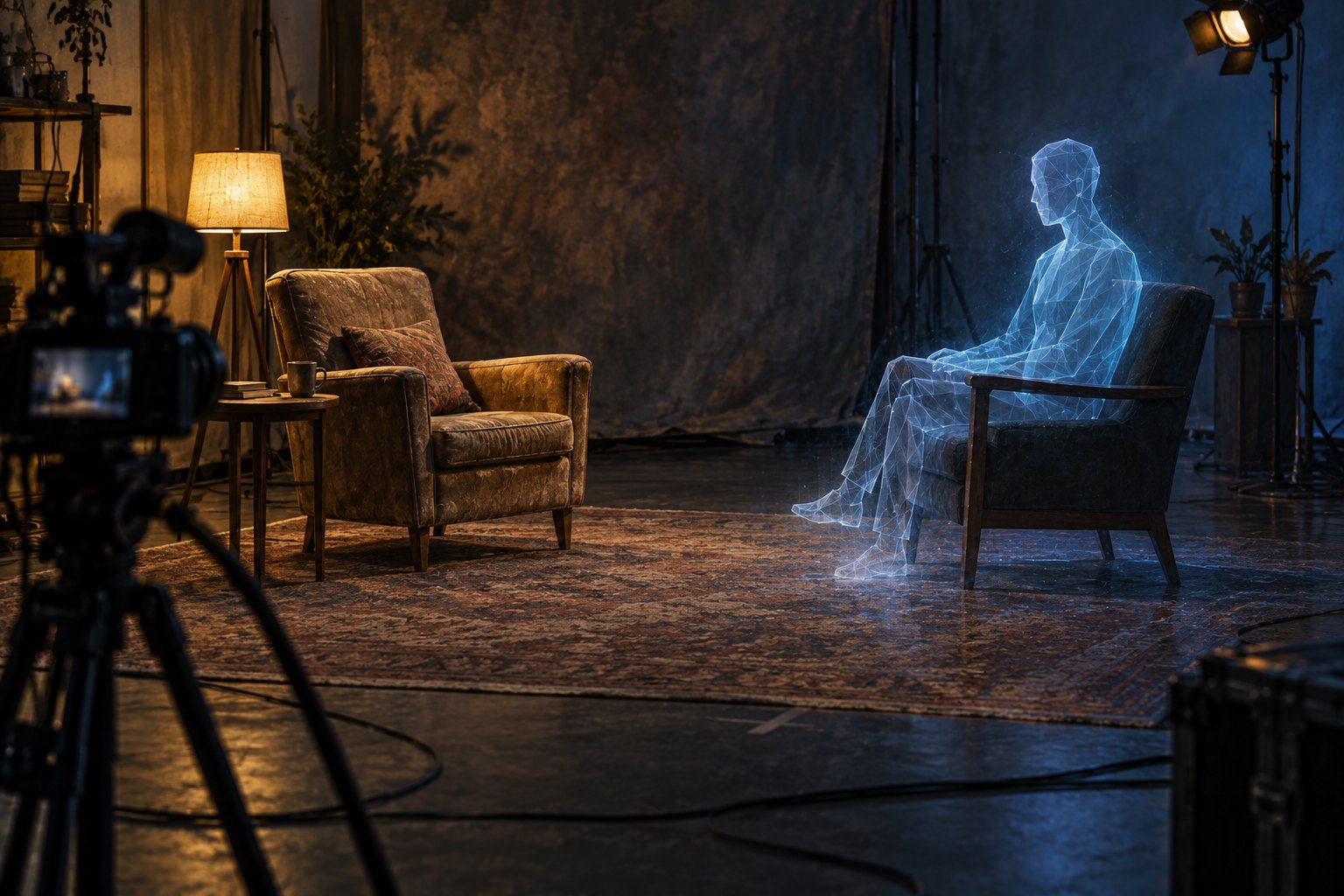 Conceptual illustration of an empty interview chair facing a translucent digital figure in a dimly lit studio.
