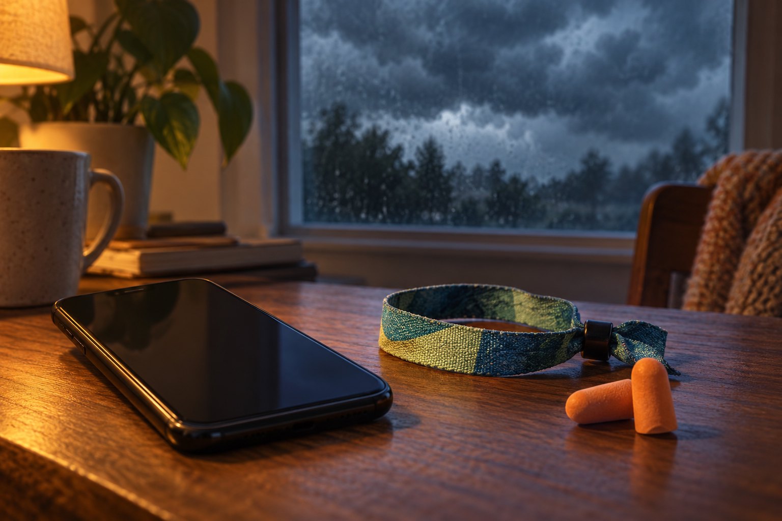 Conceptual illustration of a blank-screen phone, plain festival wristband, and earplugs on a table beside a storm-darkened window.