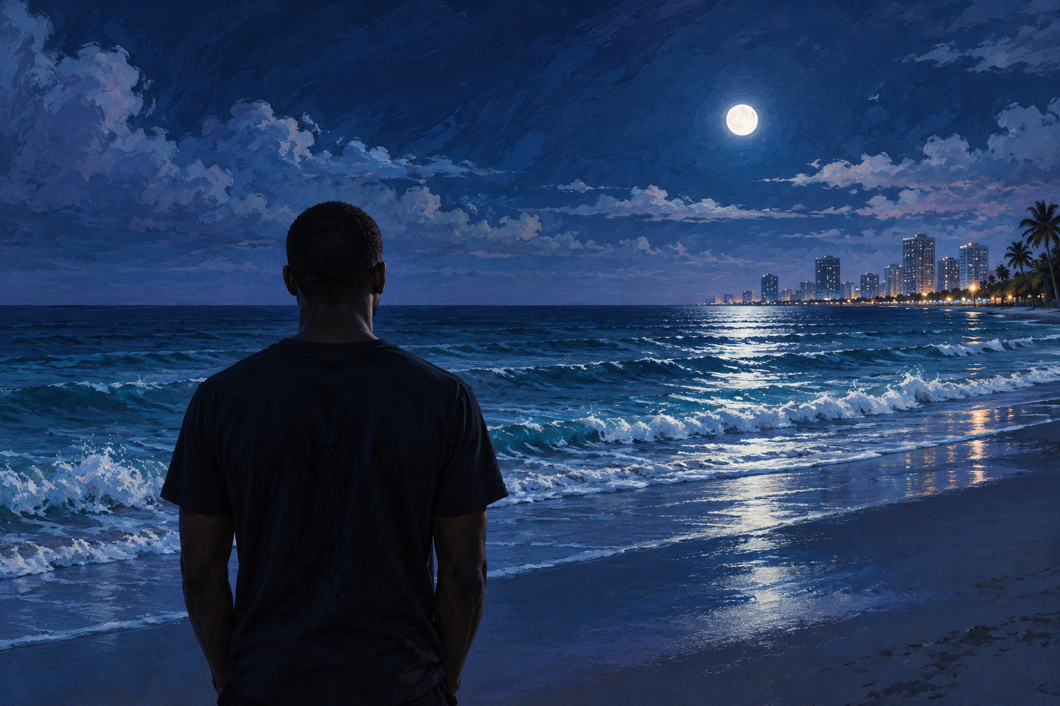 Painterly illustration of a Black man looking toward moonlit waves with Miami’s shoreline in the distance.