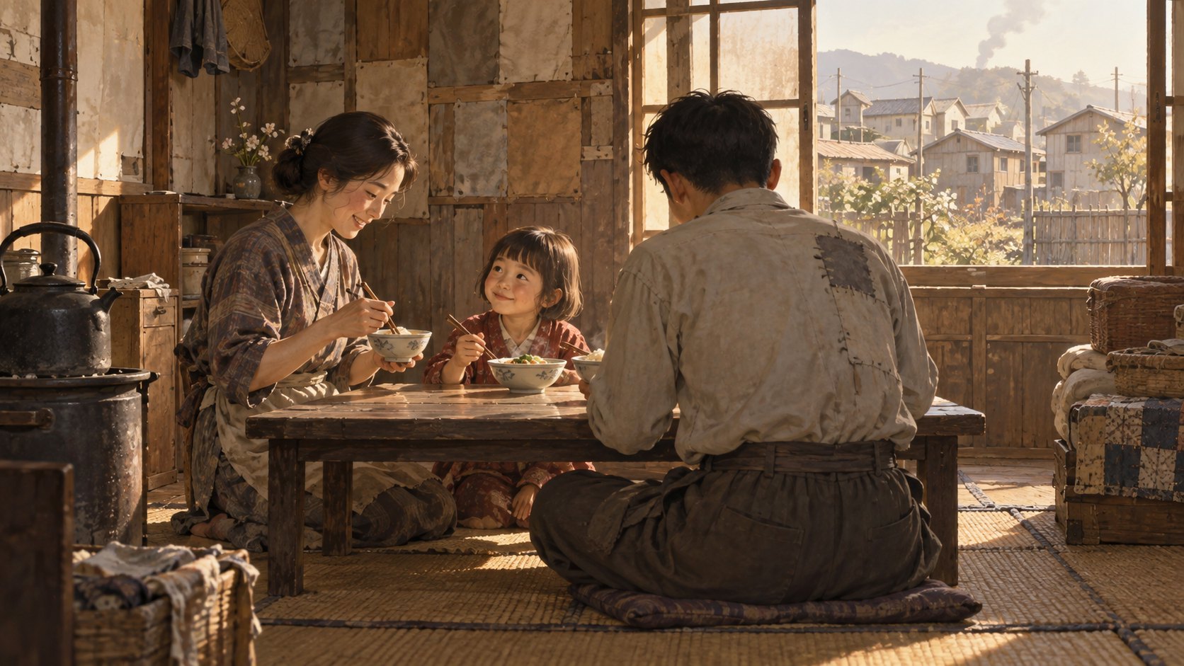 戰後日本木屋裡的兩名成人與孩子圍桌用餐,以概念插畫呈現重新建立日常的希望,非電影劇照