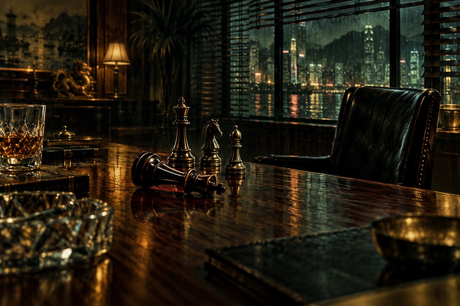 主题插画:会所木桌上的倒下棋子与空皮椅,象征权力失去支撑