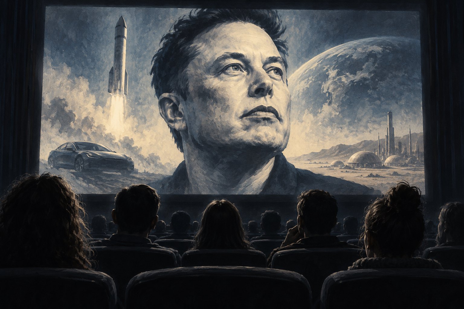 Conceptual illustration of viewers facing a cinema screen displaying Elon Musk’s portrait alongside images of technology and space exploration.